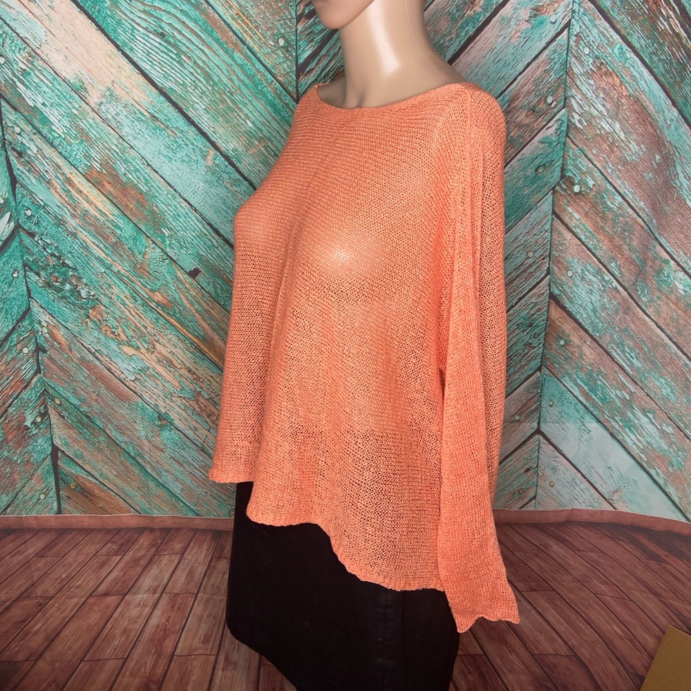 Eileen Fisher Orange Sherbet Sheer Linen Blend Open Weave Sweater - Picture 6 of 8